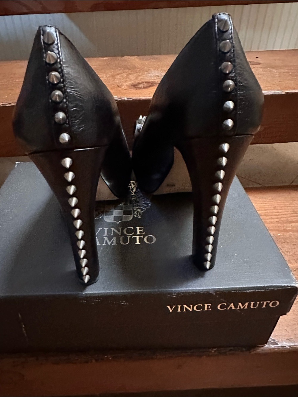 Vince Camuto Black Pointed Toe Pumps with Studded Bow and Studded heel. - Picture 4 of 9